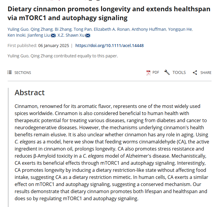 Mangan150's tweet photo. Cinnamon promotes longevity and healthspan by inhibiting mTOR and promoting autophagy.

They also tested cinnamon (cinnamaldehyde) in human cell culture, and at 10 nM concentration it compared favorably to rapamycin in inhibition of mTOR.

This seems next to impossible, because this concentration is easily achievable with small (22 mg) amounts of cinnamon, but maybe I'm missing something.