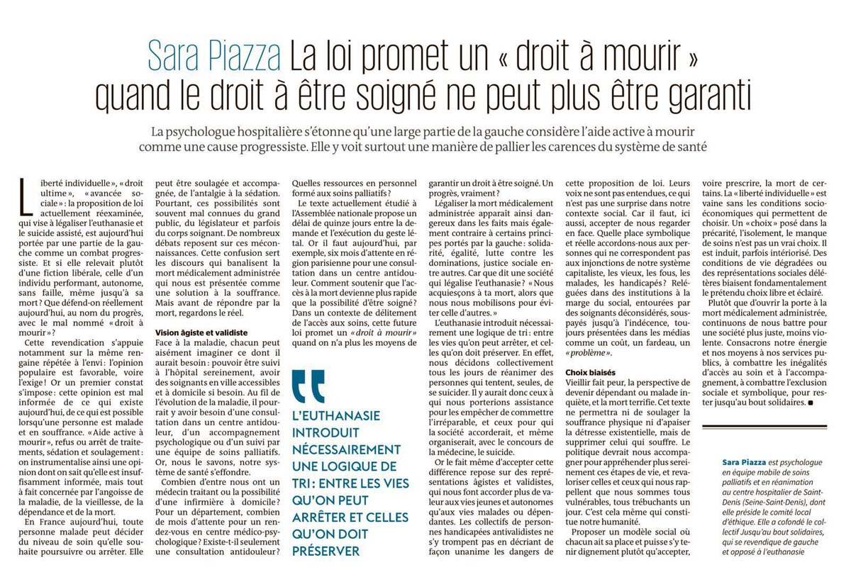 Tribune du Monde sur l'interpellation de la gauche sur #euthanasie et suicide assisté par Sara Piazza 
Cette loi est inutile pour les raisons qu'elle met en avant et dangereuse pour celles qu'elle contient en creux. 
Il est encore temps d'oser dire non pour les députés de gauche.