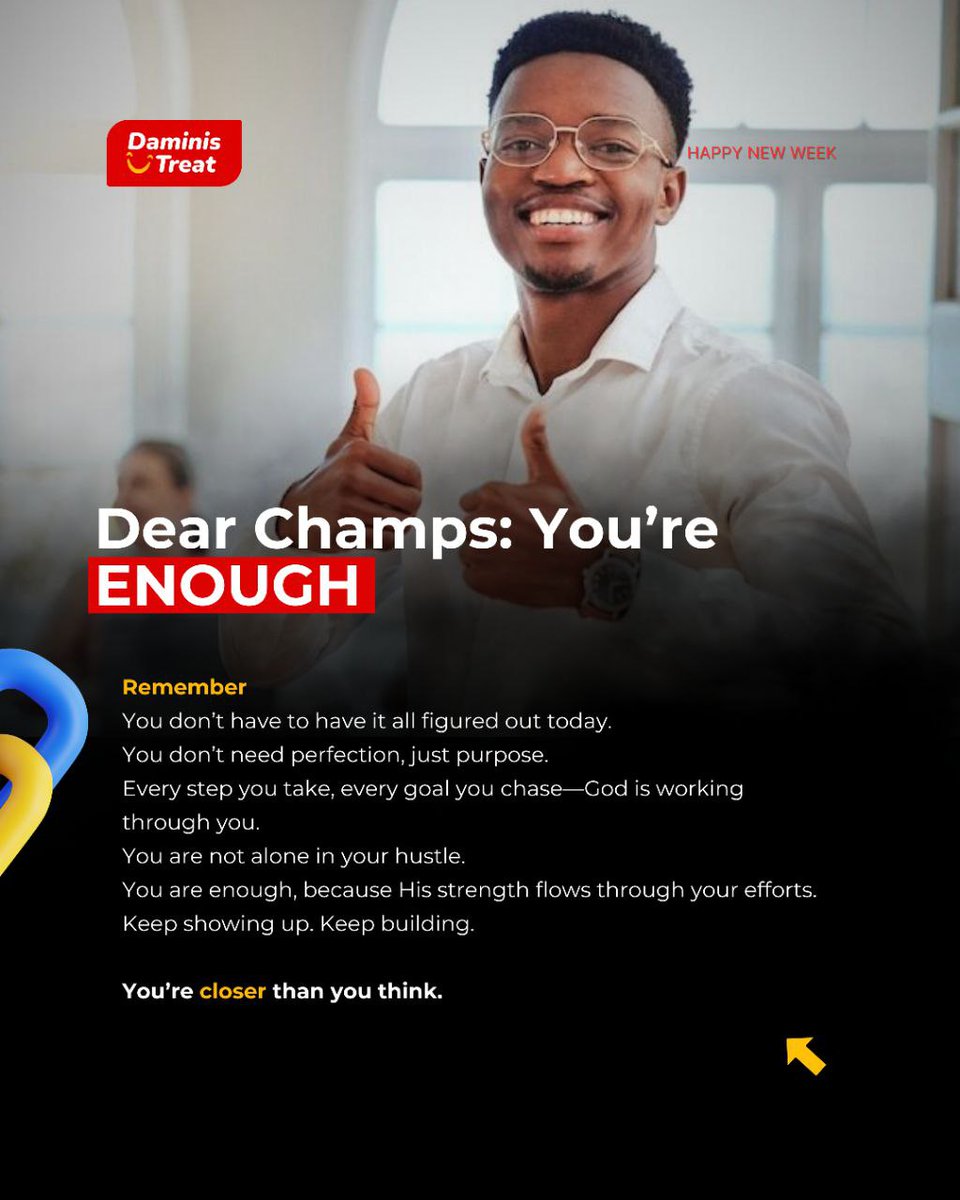 Hey Champ 🤩
Say after me: I am ENOUGH cause God works through me!

You are enough, because His strength flows through your efforts.
So keep showing up. Keep building. 

You’re closer than you think.
Happy New Week Champs 🤩 
#MondayMotivation