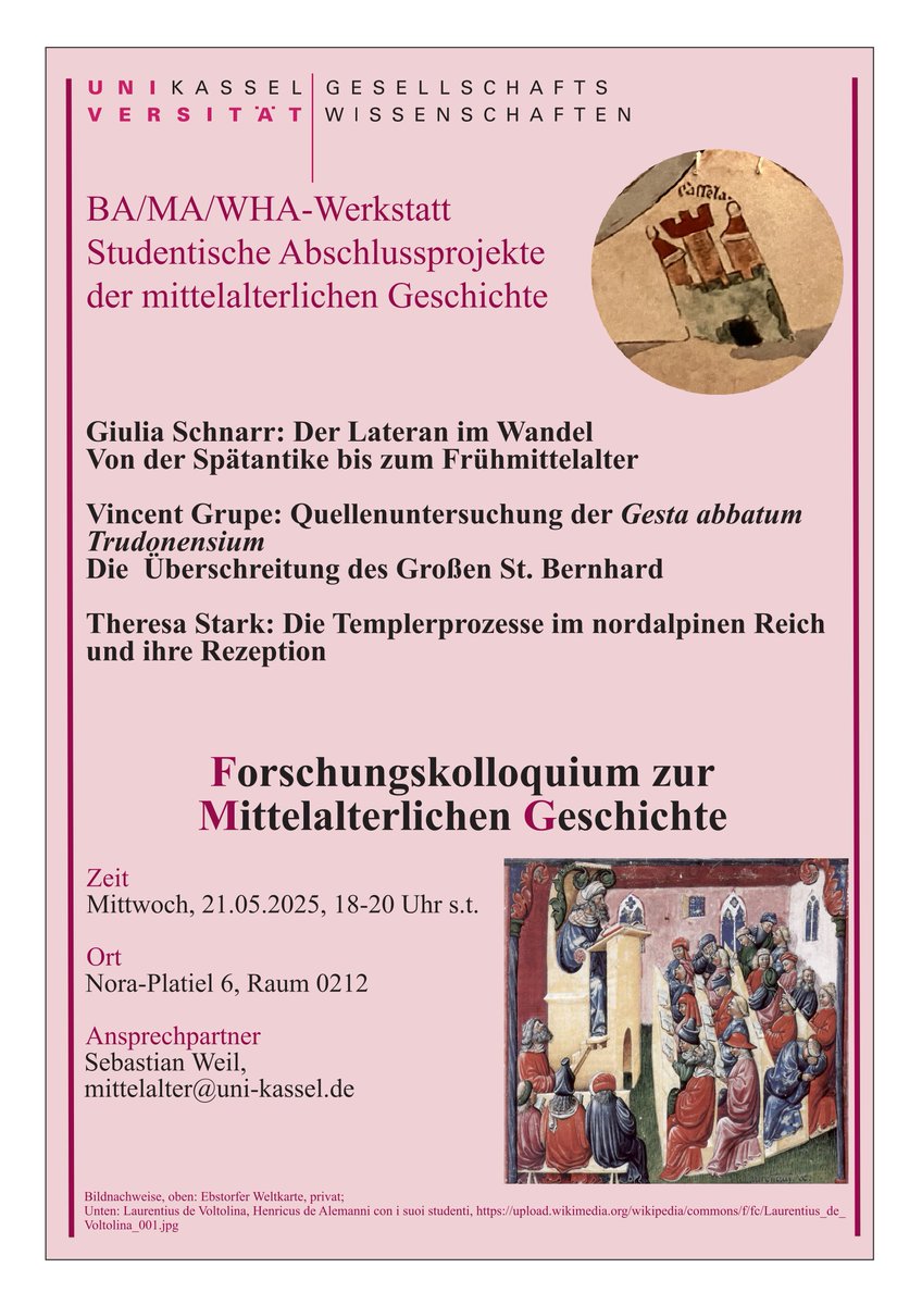 Das Forschungskolloquium der mittelalterlichen Geschichte in dieser Woche.

Mittwoch , 21.05.25, 18-20Uhr in der Nora-Platiel 6 im Raum 02012. 

#UniKassel #mittelalterliche #Geschichte #Forschung