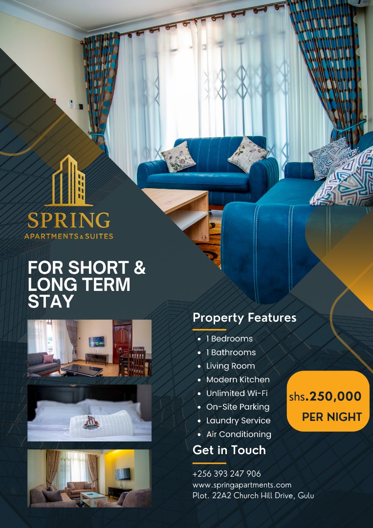 powerfmuganda's tweet photo. AD : Your home away from home 🌟 
Book now at Spring Apartments &amp; Suites and enjoy spacious, fully furnished apartments in the heart of Gulu. 
Enjoy all the comforts of modern living! 📞 Call us today! +256 393 247 906  #StayAtSpring #GuluStay https://t.co/zm93ncewYH