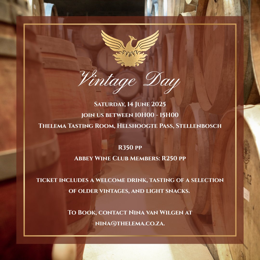Thelema (@thelemawines) on Twitter photo ๐ท Thelema Vintage Day | Sat, 14 June
Taste a special selection of aged wines at our Tasting Room, 10h00โ15h00.
๐๏ธ R350 pp | R250 Abbey Club
๐ง Book: nina@thelema.co.za ๐ท Thelema Vintage Day | Sat, 14 June
Taste a special selection of aged wines at our Tasting Room, 10h00โ15h00.
๐๏ธ R350 pp | R250 Abbey Club
๐ง Book: nina@thelema.co.za