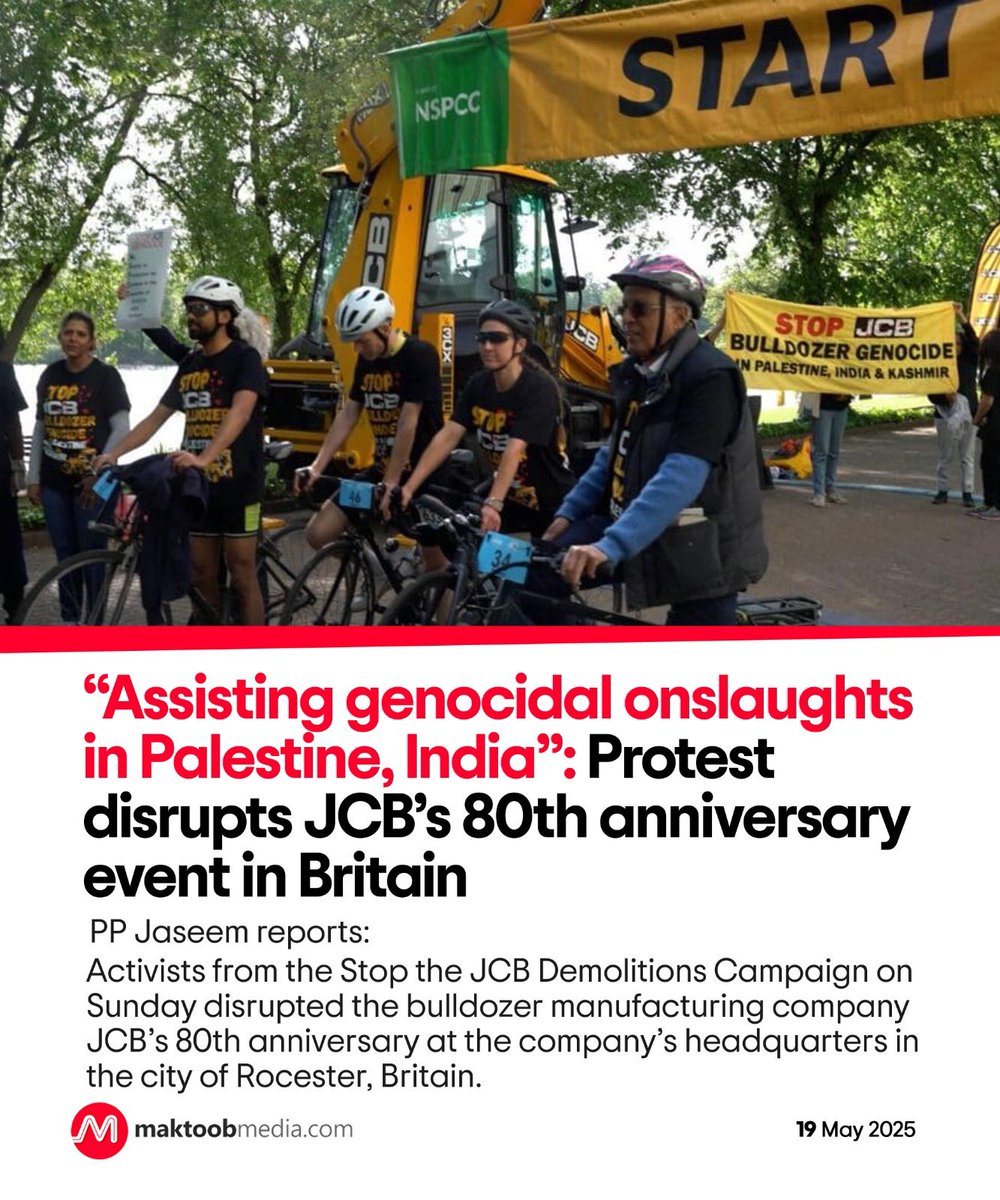 MaktoobMedia's tweet photo. Activists from the Stop the JCB Demolitions Campaign on Sunday disrupted the bulldozer manufacturing company JCB’s 80th anniversary at the company’s headquarters in the city of Rocester, Britain.

@jaseempp reports:

https://t.co/1W67kmpU0S https://t.co/ms2eNBqbfS