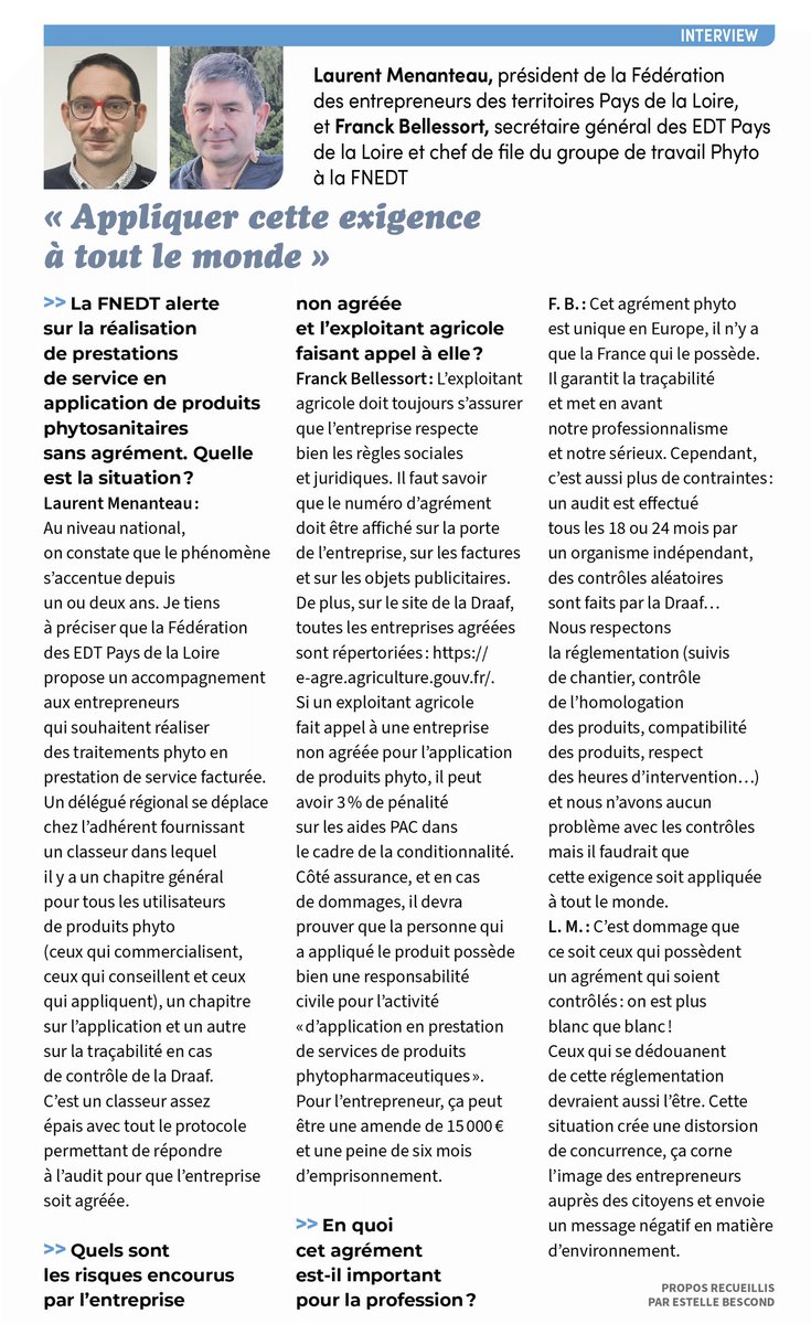 EDT Pays de la Loire (@edt_pdl) on Twitter photo Agrément phyto : "appliquer cette exigence à tout le monde"
Interview de Laurent Menanteau, président d'EDT Pays de la Loire, et Franck Bellessort, chef de file du groupe de travail phyto à la FNEDT, dans <a href="/Agri85_/">Agri85 Vendée agri</a> Agrément phyto : "appliquer cette exigence à tout le monde"
Interview de Laurent Menanteau, président d'EDT Pays de la Loire, et Franck Bellessort, chef de file du groupe de travail phyto à la FNEDT, dans <a href="/Agri85_/">Agri85 Vendée agri</a>