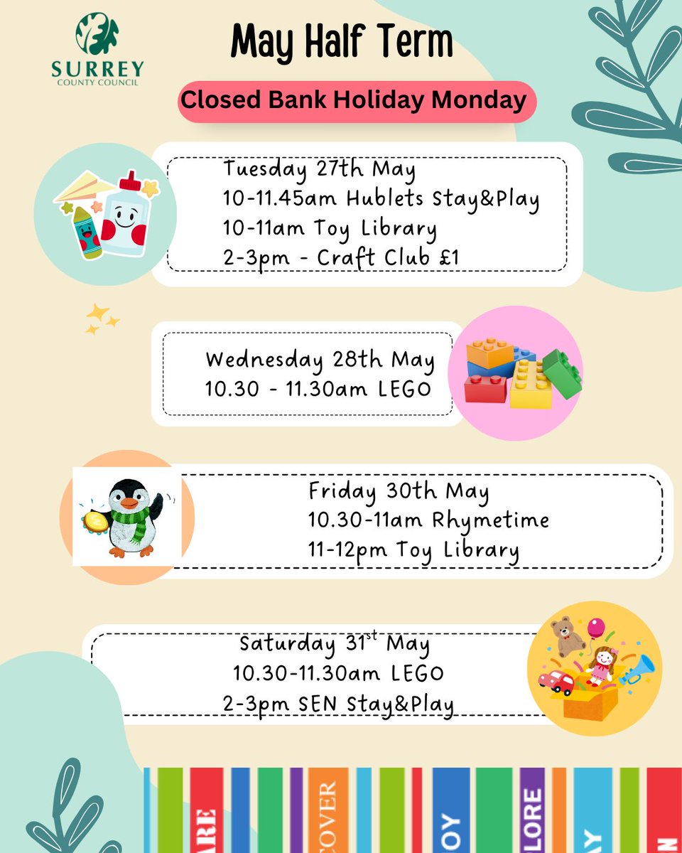 MersthamLibrary's tweet image. Yay! Half Term is next week Join us for #ToyLibrary #Rhymetime #StayandPlay #CraftClub #LEGOClub #loveyourlibrary #lovetolearn