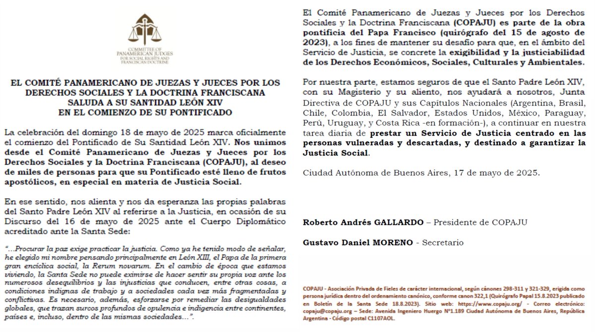 Nota protocolar de COPAJU a la Santa Sede, con motivo del inicio del Pontificado de León XIV.