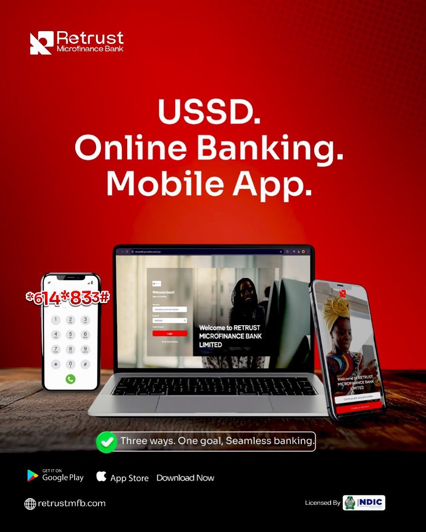 retrustmfb's tweet image. One bank. Three smart ways to stay in control.
USSD, mobile app, or online, Retrust fits your lifestyle.
Fast. Simple. Always within reach.

#smartbanking #MobileBanking #USSDCode #OnlineBanking #BankingMadeEasy #BankingWithEase