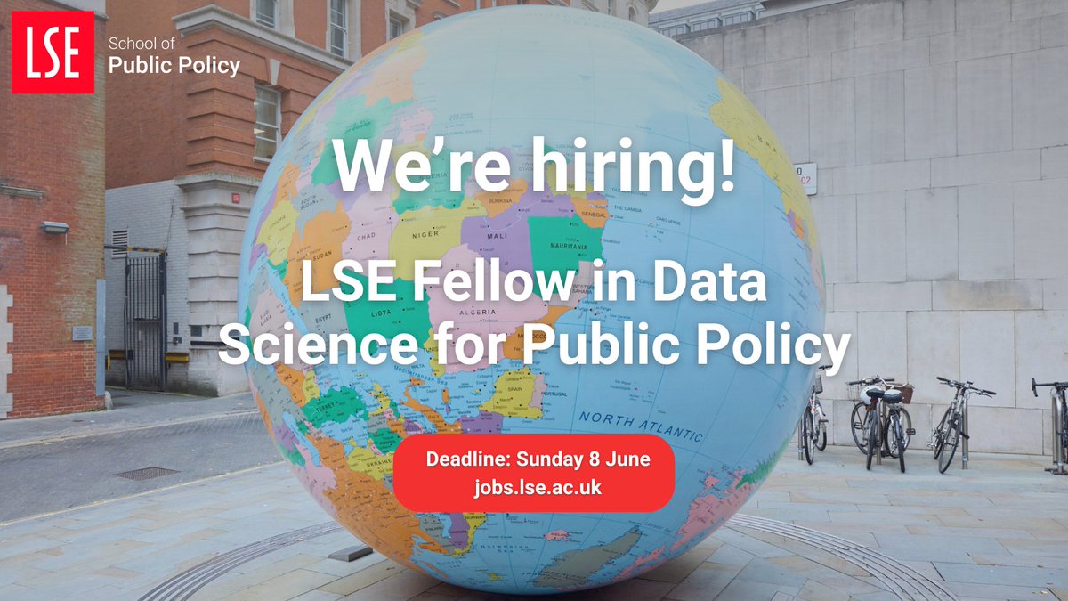 LSE School of Public Policy (@lsepublicpolicy) on Twitter photo 💼 We're #HIRING an LSE Fellow in Data Science for Public Policy!
Join us to deliver world-class teaching by facilitating seminars on empirical #datascience and its application to #policymaking.
🗓️Closing: Sunday 8 June (23.59 BST) bit.ly/45ggooh
<a href="/LSEDataScience/">LSE Data Science Institute</a> 💼 We're #HIRING an LSE Fellow in Data Science for Public Policy!
Join us to deliver world-class teaching by facilitating seminars on empirical #datascience and its application to #policymaking.
🗓️Closing: Sunday 8 June (23.59 BST) bit.ly/45ggooh
<a href="/LSEDataScience/">LSE Data Science Institute</a>