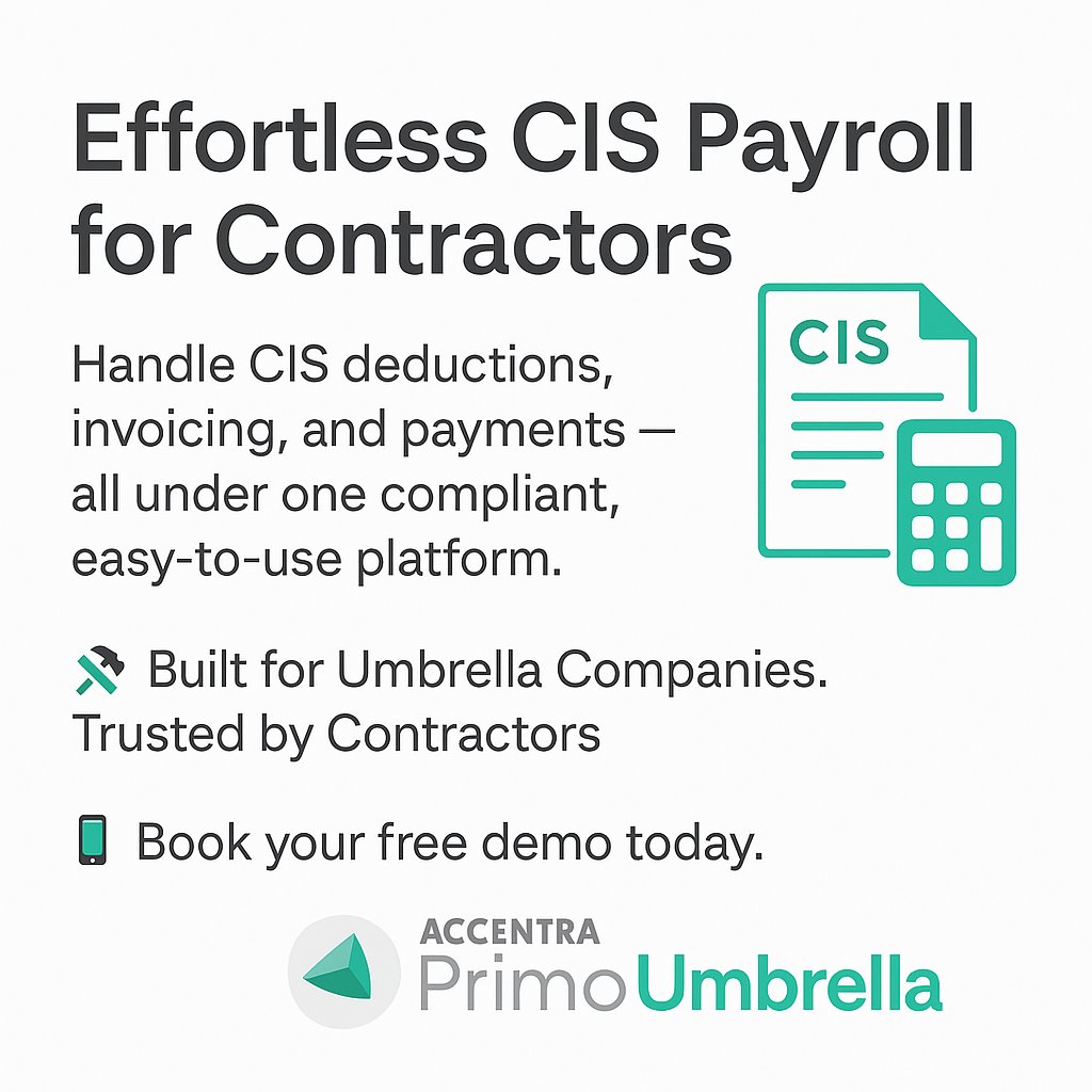 accentratech's tweet image. Handle CIS deductions, invoicing, and payments — all under one compliant, easy-to-use platform.

🛠️ Built for Umbrella Companies. 
Trusted by Contractors.

📲 Book your free demo today.
        Contact us:
📞 0845 456 7181
📩 sales@accentra.co.uk

#CISPayroll
#UmbrellaPayroll
