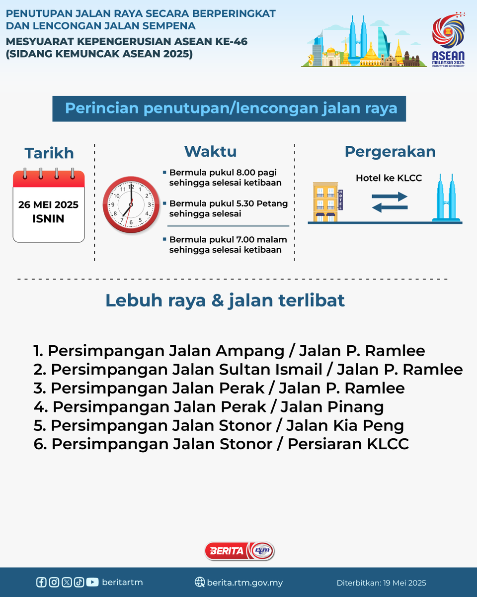 beritartm's tweet photo. PENUTUPAN JALAN RAYA SECARA BERPERINGKAT DAN LENCONGAN JALAN SEMPENA MESYUARAT KEPENGERUSIAN ASEAN KE-46 (SIDANG KEMUNCAK ASEAN 2025)

"Malaysia MADANI"

'Yang sahih di Berita RTM'
#RTM #BeritaRTM #MalaysiaMADANI #taatsetia https://t.co/pvfNGbmn9Q