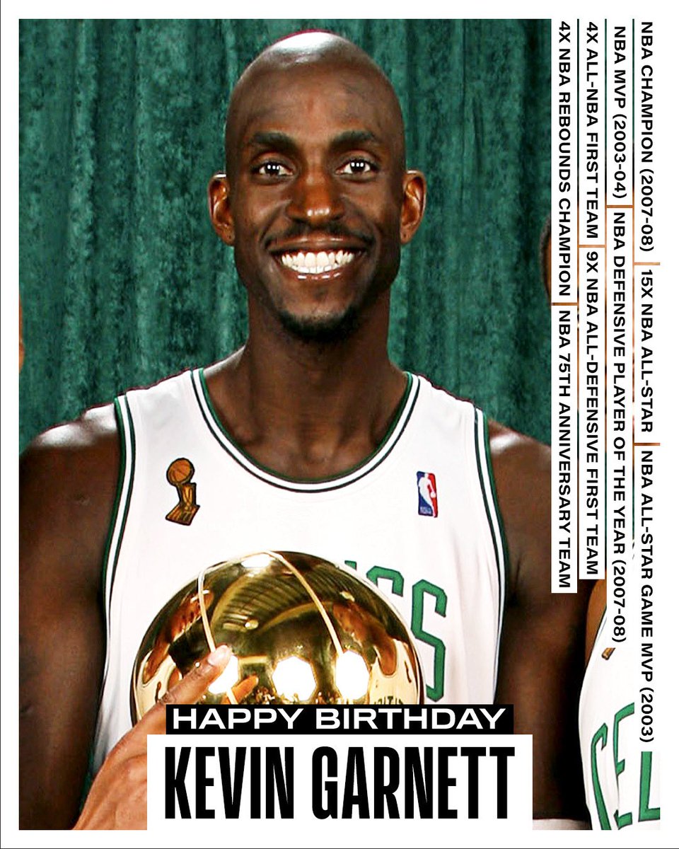 NBAHistory's tweet image. Join us in wishing a Happy 49th Birthday to 15x #NBAAllStar, 2007-08 NBA Champion, 2003-04 NBA MVP and 75th Anniversary Team member, Kevin Garnett! #NBABDAY