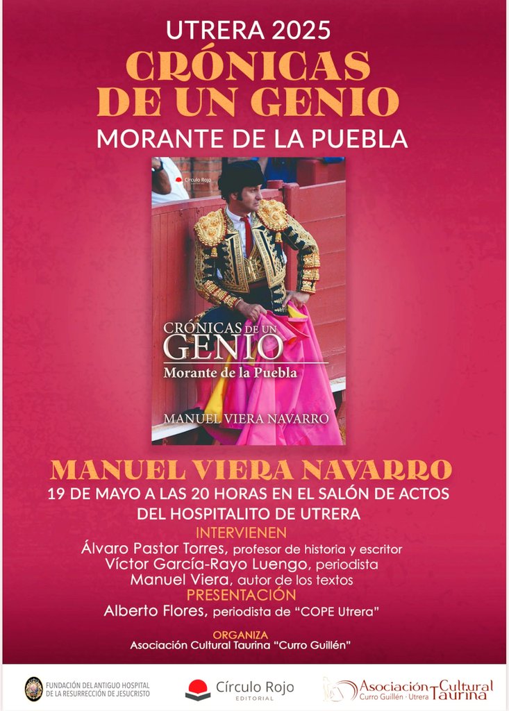 Asoc. Cultural Taurina Curro Guillén (@taucurroguillen) on Twitter photo Recordatorio: Hoy lunes 19 a las 20:00 horas en el salón de actos del Hospitalito (antigua biblioteca municipal), presentación del libro,
c/ La Fuente.
"CRONICAS DE UN GENIO"
escrito por Manolo Viera <a href="/ManoloVieraN/">Manolo Viera</a>
Os esperamos hoy en Utrera,
Cuna del Toro Bravo. Recordatorio: Hoy lunes 19 a las 20:00 horas en el salón de actos del Hospitalito (antigua biblioteca municipal), presentación del libro,
c/ La Fuente.
"CRONICAS DE UN GENIO"
escrito por Manolo Viera <a href="/ManoloVieraN/">Manolo Viera</a>
Os esperamos hoy en Utrera,
Cuna del Toro Bravo.