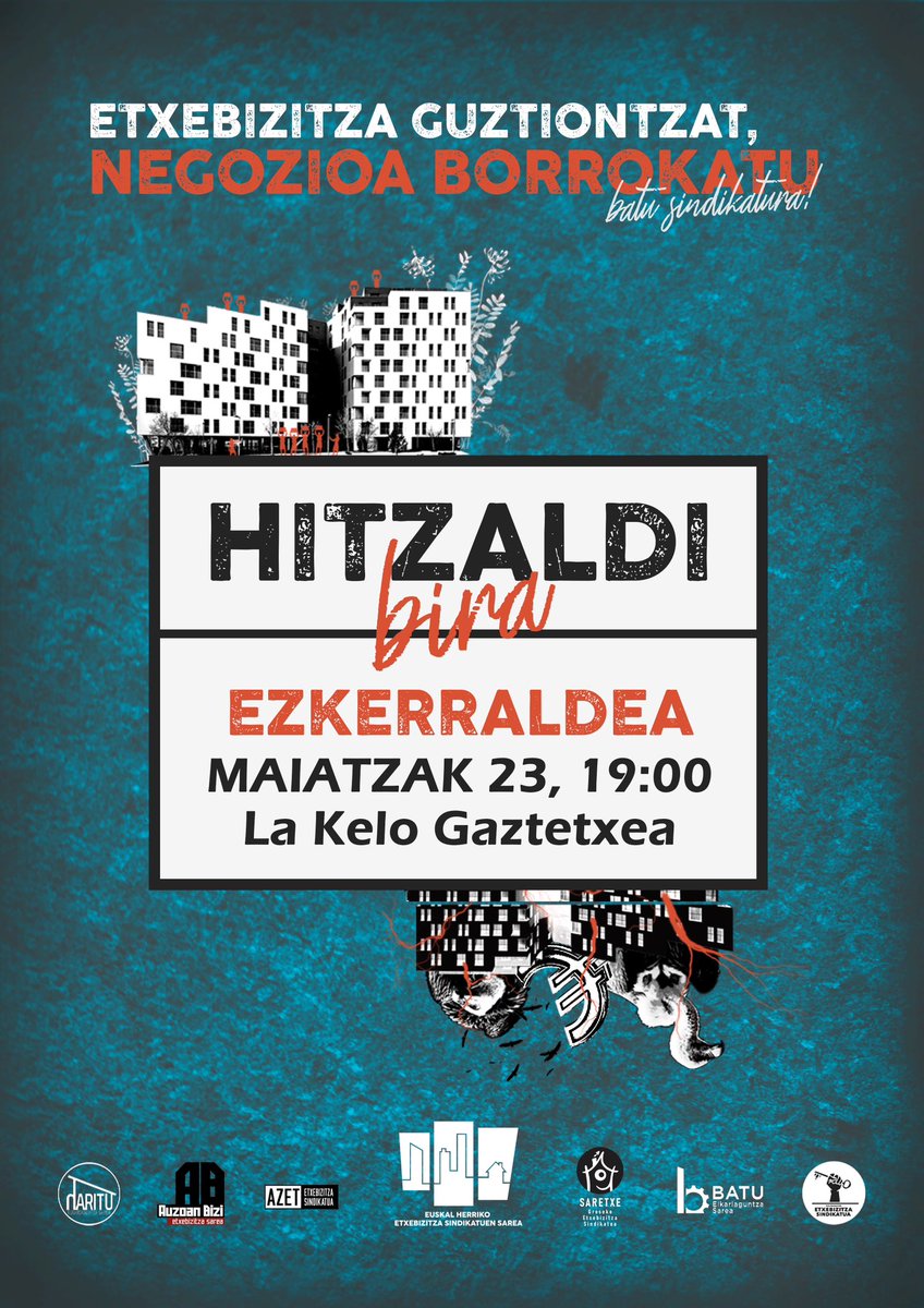 AZET Etxebizitza Sindikatua (@aztaldea) on Twitter photo Ostiral honetan πππππππΌππΏππΌπ <a href="/ehessarea/">Euskal Herriko Etxebizitza Sindikatuen Sarea</a>|ren aurkezpena eta kanpainaren sozializazioa.
ποΈ Zer esan nahi du etxebizitza negozio izateak?
ποΈ Nola materializatzen da Euskal Herrian?
ποΈ Zelan egin dakioke aurre sindikalismotik eta herri mugimendutik?
<a href="/Lakelogaztetxea/">La Kelo Gaztetxea</a>|n Ostiral honetan πππππππΌππΏππΌπ <a href="/ehessarea/">Euskal Herriko Etxebizitza Sindikatuen Sarea</a>|ren aurkezpena eta kanpainaren sozializazioa.
ποΈ Zer esan nahi du etxebizitza negozio izateak?
ποΈ Nola materializatzen da Euskal Herrian?
ποΈ Zelan egin dakioke aurre sindikalismotik eta herri mugimendutik?
<a href="/Lakelogaztetxea/">La Kelo Gaztetxea</a>|n