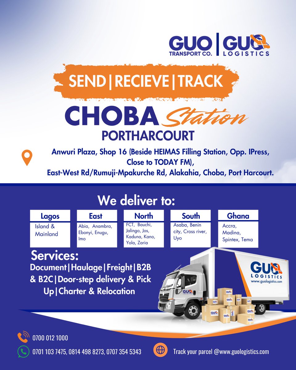 guotransport's tweet photo. Send & recieve parcels from our NEWEST STATION CHOBA.
Visit us 2day at Anwuri Plaza, Shop 16 (Beside HEIMAS Filling Station, Opp. IPress, Close to TODAY FM), East-West Rd/Rumuji-Mpakurche Rd, Alakahia, Choba, Port Harcourt and enjoy seamless deliveries
#SendwithGUO #chobastation https://t.co/J30GI0cqwp