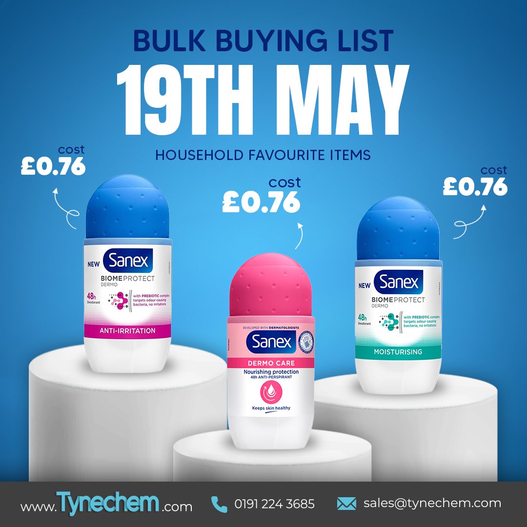 🛍 Our 19th May Bulk Buying List is out now!

Take a look at some of the Sanex range below and download the full list to get your orders in.

Perfect for pharmacies and shops — don’t miss out!

Full List:
tynechem.com/wp-content/upl…

#Sanex #Tynechem #Pharmacy #BulkBuy #RetailStock