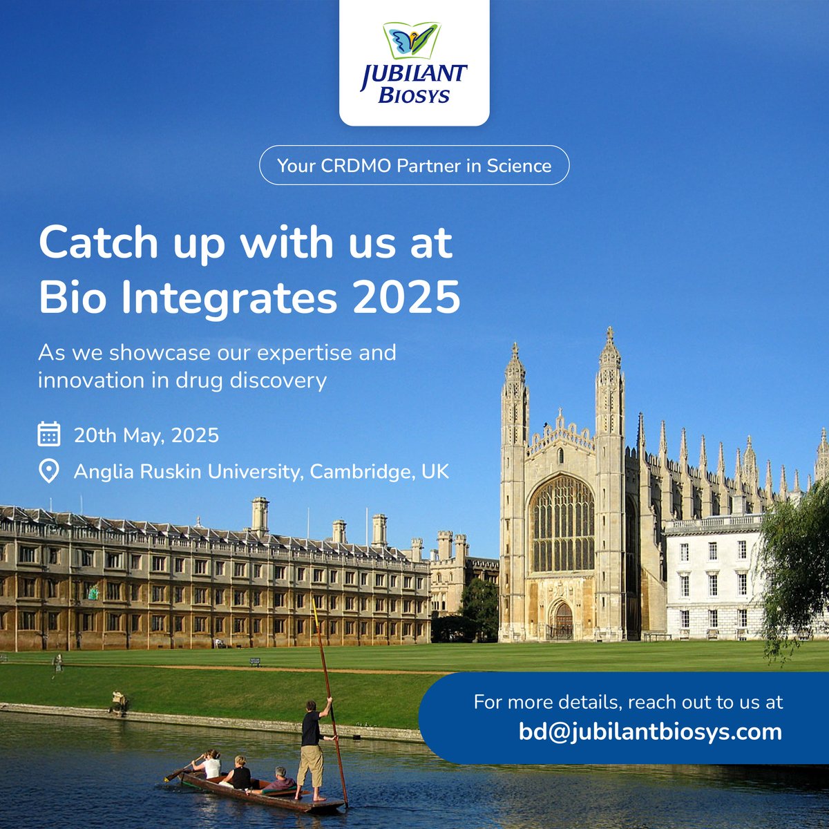 We are excited to be at Bio Integrates 2025 on May 20th, 2025 at Anglia Ruskin University, Cambridge, UK.
Meet our team to discuss how Jubilant Biosys can execute &amp; accelerate your drug discovery program.
Click here to schedule a meeting: lnkd.in/g4W878X4 
#CRO #CRDMO #IDD