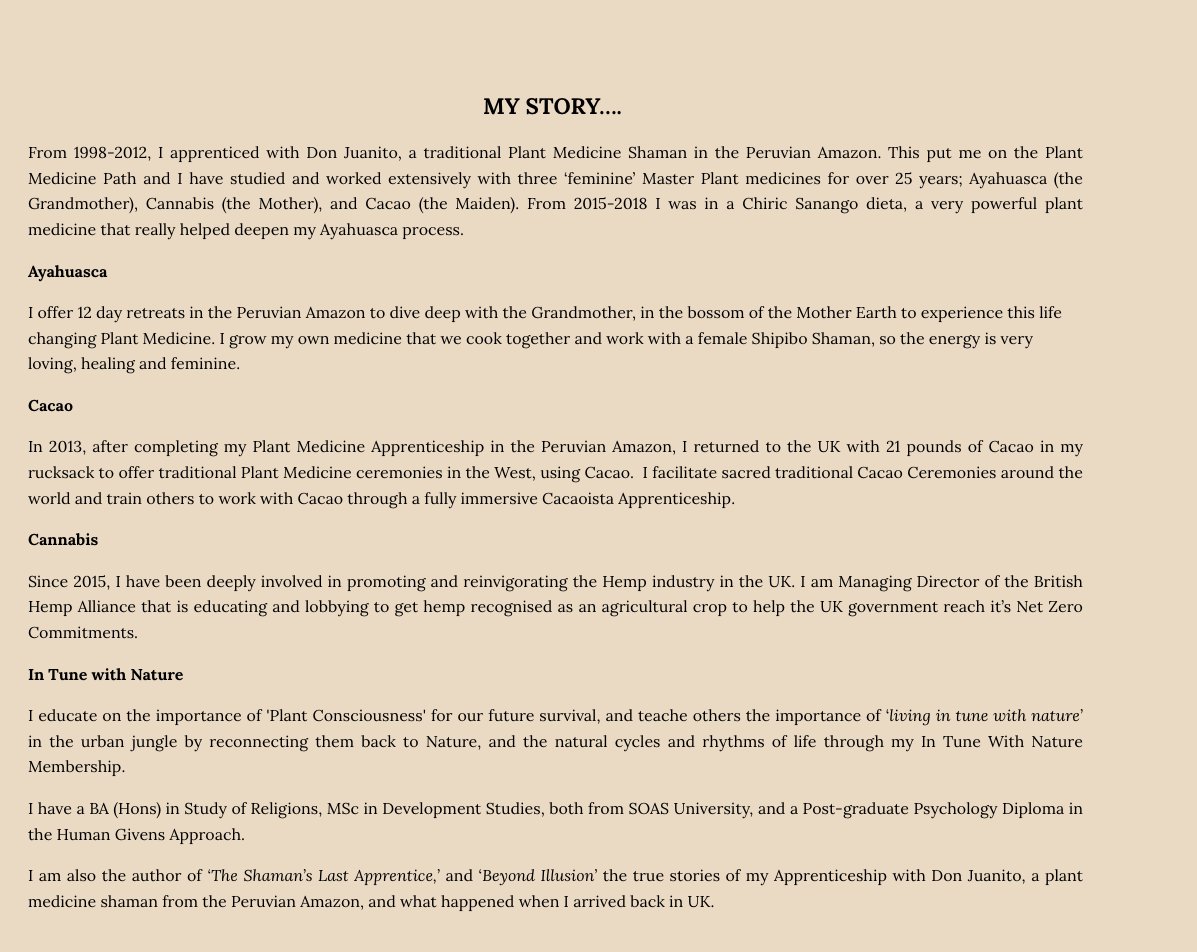 The lady who fronts the Brockwell park anti-festival campaign runs PRIVATE getaways where she uses Amazonian land to one-shot people on ayahuasca, wow!