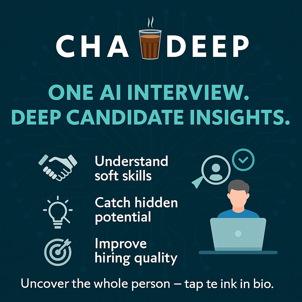 chaideepai's tweet photo. One AI interview. Full picture of every candidate.
Chaideep reveals soft skills, hidden strengths &amp; more — instantly.
#Chaideep #SmartHiring #AIinHR #CandidateInsights #HRTech https://t.co/swzQsJeMAE