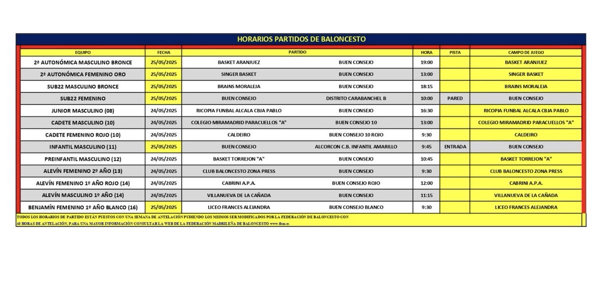 Horarios para la jornada del 24/25 de mayo