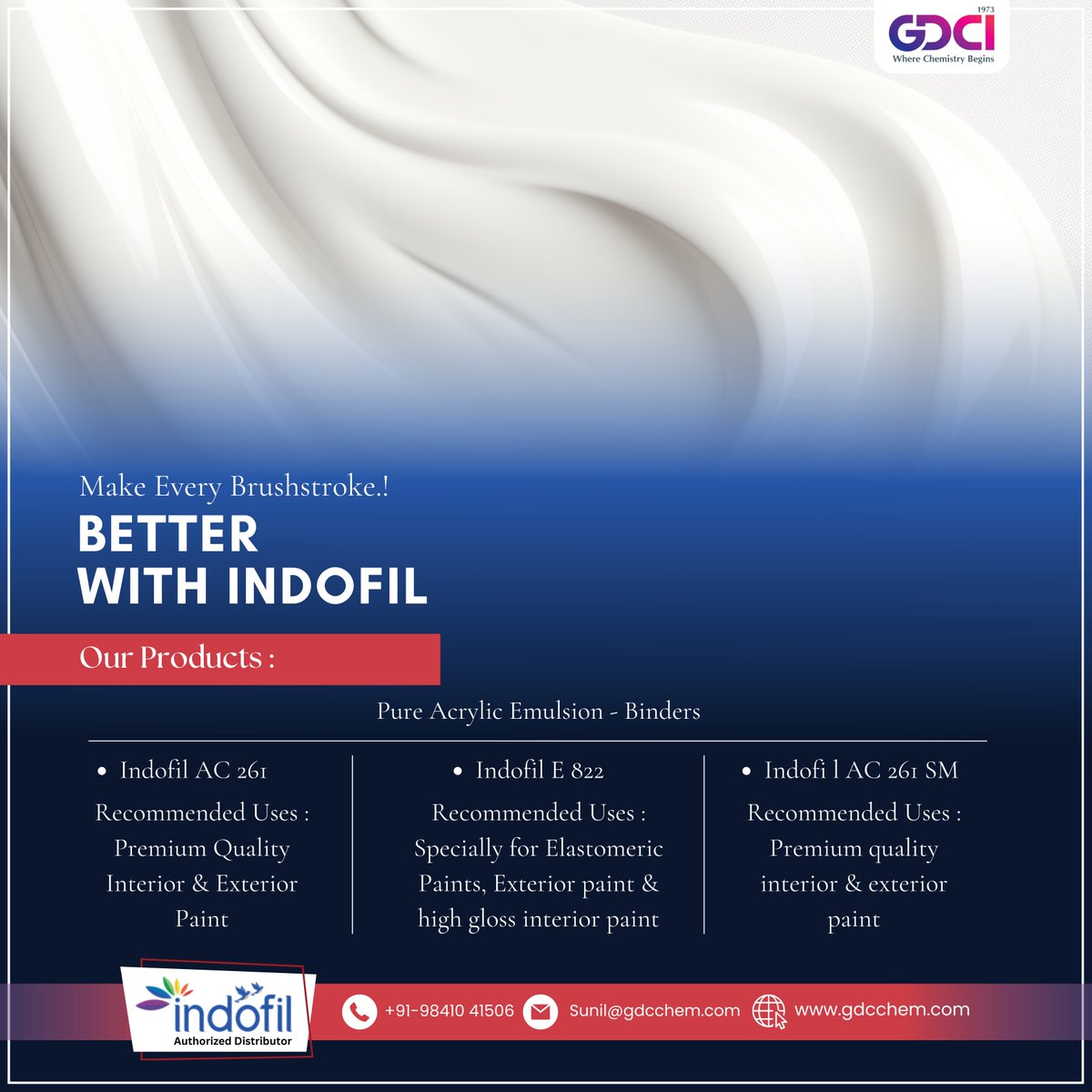 Make Every Brushstroke Better with Indofil.!
High-performance pure acrylic binders for paints &amp; coatings — enhances adhesion, durability &amp; smoothness.
📦 Available now. DM for bulk orders.

#Indofil #PaintBinders #AcrylicEmulsion #PaintIndustry #Coatings #gdciindia