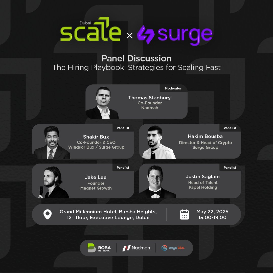 Join Us for the Final SCALE Before Summer ☀️

Scale x Surge Crypto <a href="/group_surge/">Surge Crypto</a> | Recruitment Rumble

📅 Date: May 22, 2025 |  Time: 3:00 PM – 6:00 PM
📍 Venue: Grand Millennium Hotel, Barsha Heights, Executive Lounge, 12th Floor, Dubai

🔗 Register now: lu.ma/86tdlnl3