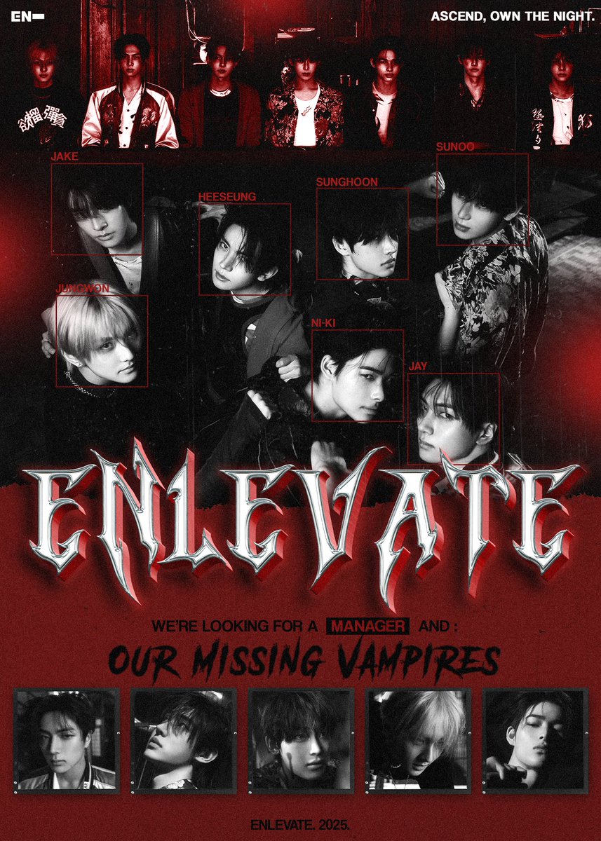 ENLEVATE's tweet image. ENLEVATE is currently on the hunt for our missing vampires, OA/SQ and media partners to collide with, and a manager to build our crimson castle. If moonlight guides you here, it’s your sign to leave a trace below and you may open the ALT for further information ݁ᛪ༙ 𖤐
