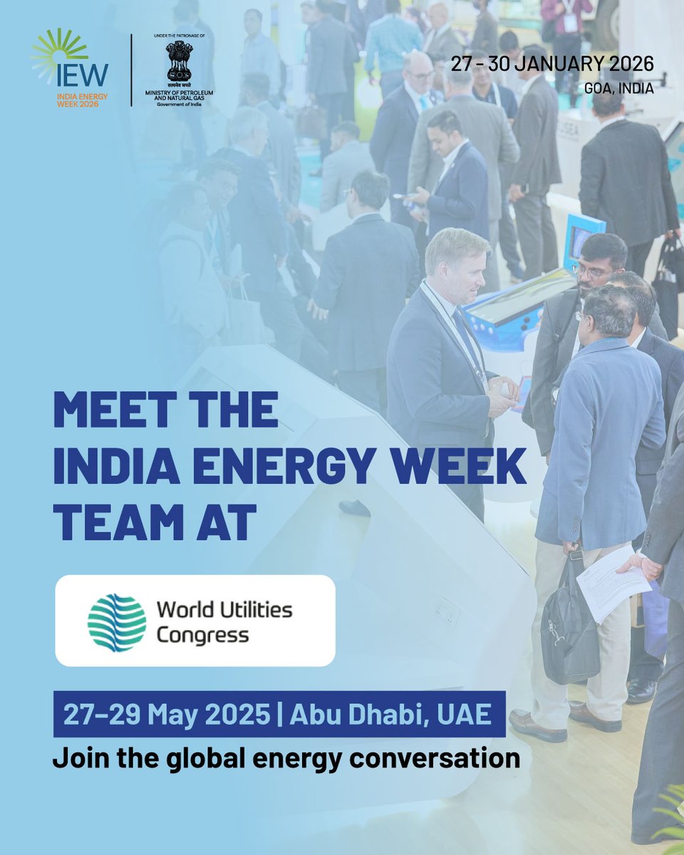 The India Energy Week team will be at the World Utilities Congress from 27–29 May 2025 in Abu Dhabi.

Schedule a meeting to learn more about the upcoming 4th edition of India Energy Week, taking place from 27–30 January 2026 in Goa.

Hosted under the patronage of the Ministry of