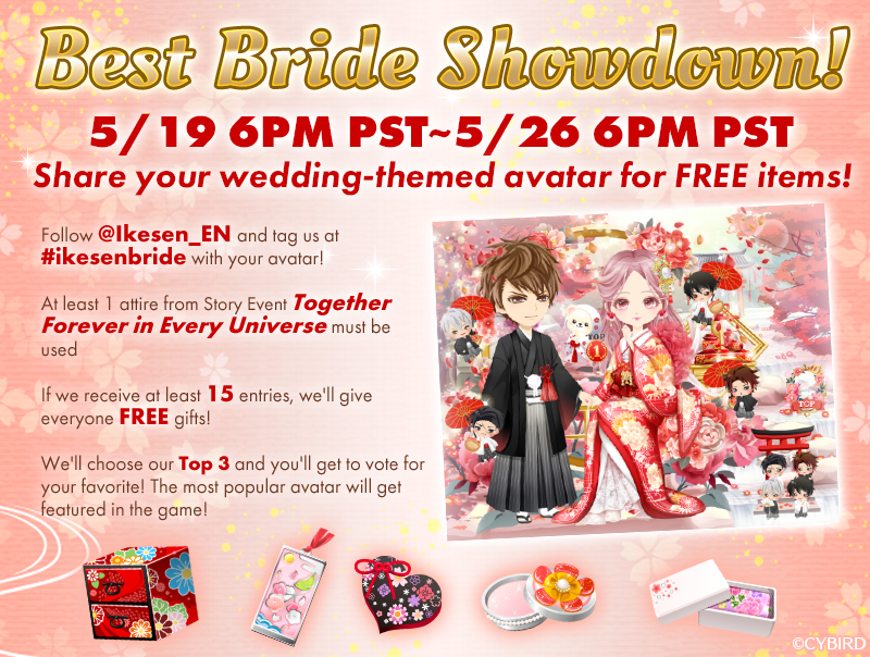 ikesen_en's tweet photo. 👰Best Bride Showdown👰
Show off your best wedding themed avatar by 5/26 6PM PST and get FREE gifts🎁

📍Rules
1️⃣Follow us @ikesen_en &amp; tag #ikesenbride 
2️⃣Use at least 1 attire from Story Event Together Forever in Every Universe

Check the image for details🙌

#ikesen 
#otome https://t.co/ye5j7zG8fu
