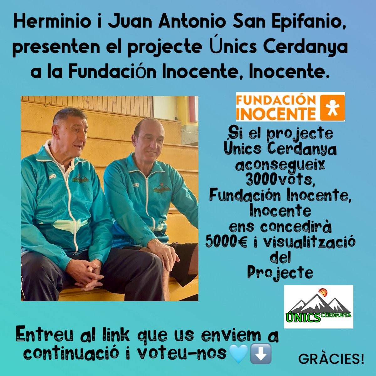 Ajuda'ns a fer-ho possible. Els Únics Cerdanya a la gala de TVE de la Fundación Inocente. Entra al link i VOTA el nostre video. Rebreu una confirmació via mail per validar-ho. Gràcies!!! 
Font: Premios Inocente | Fundación Inocente Inocente lnkd.in/dTHMA5vw