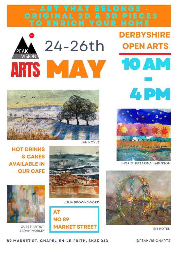 Welcome to Derbyshire Open Arts in Chapel en le Frith, where Peak Vision Arts is showing at no 89 Market Street, SK23 0JD. The café offers lots of home baked goodies!