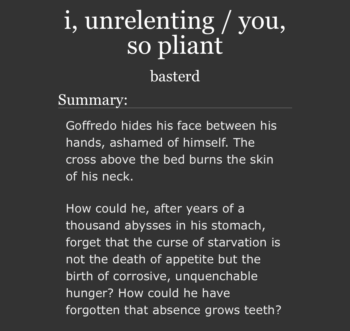 "i, unrelenting / you, so pliant" by basterd. 

 #lawresco 🏷️ non traditional a/b/o dynamics, explicit, angst, oneshot. 16,8k words.
archiveofourown.org/works/64911106