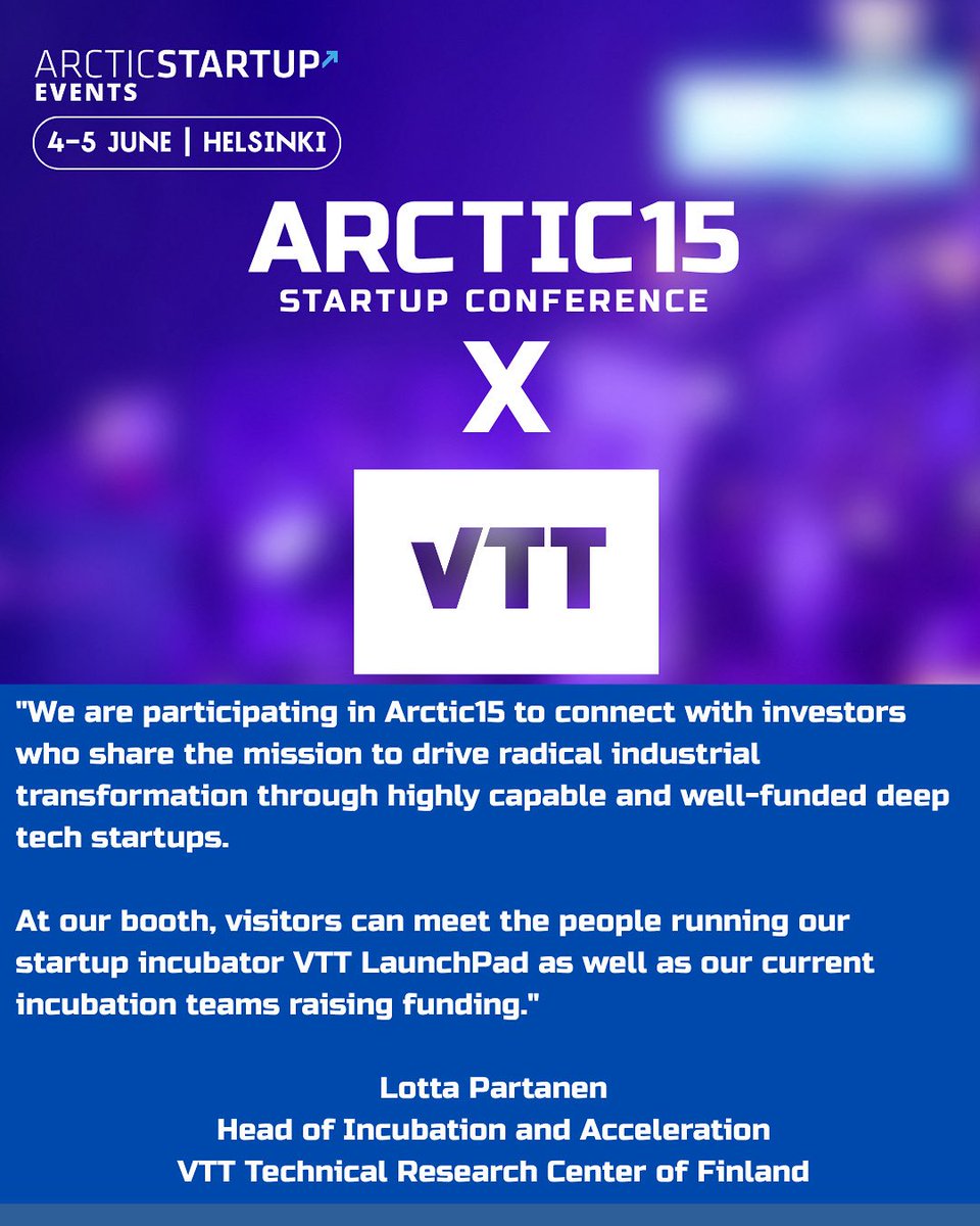 🚀 We’re proud to have VTT Technical Research Centre of Finland as a partner at Arctic15 Startup Conference this June in Helsinki!

💡 If you're into deep tech, innovation, and future-shaping startups – the VTT booth is a must-visit.

👉 Arctic15
🗓️4–5 June 
📍 Helsinki