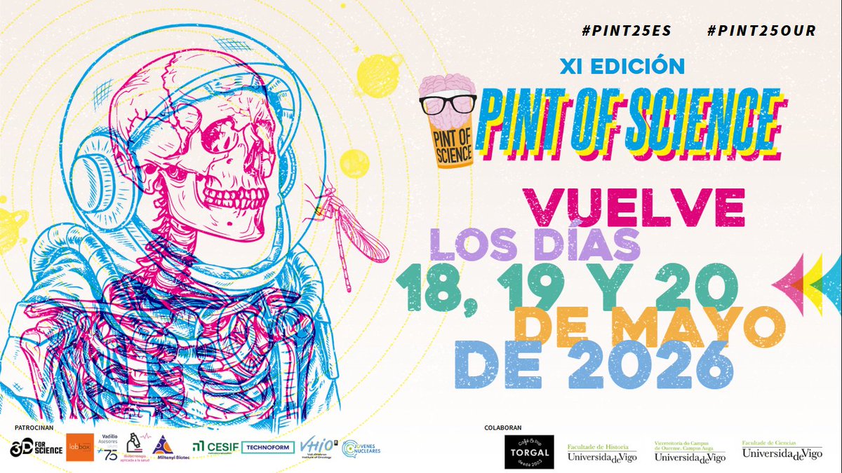XeoLab's tweet photo. Agora que xa estamos recollendo, PRIMICIA IMPORTANTE!! Pint of Science, da man de @pintofscienceES, volve aos bares en 2026 (18, 19 e 20 de maio). ANOTADE AS DATAS! Tamén #PINT25OUR. Será a XI edición de #PINT25ES! https://t.co/RGp7iECMpb