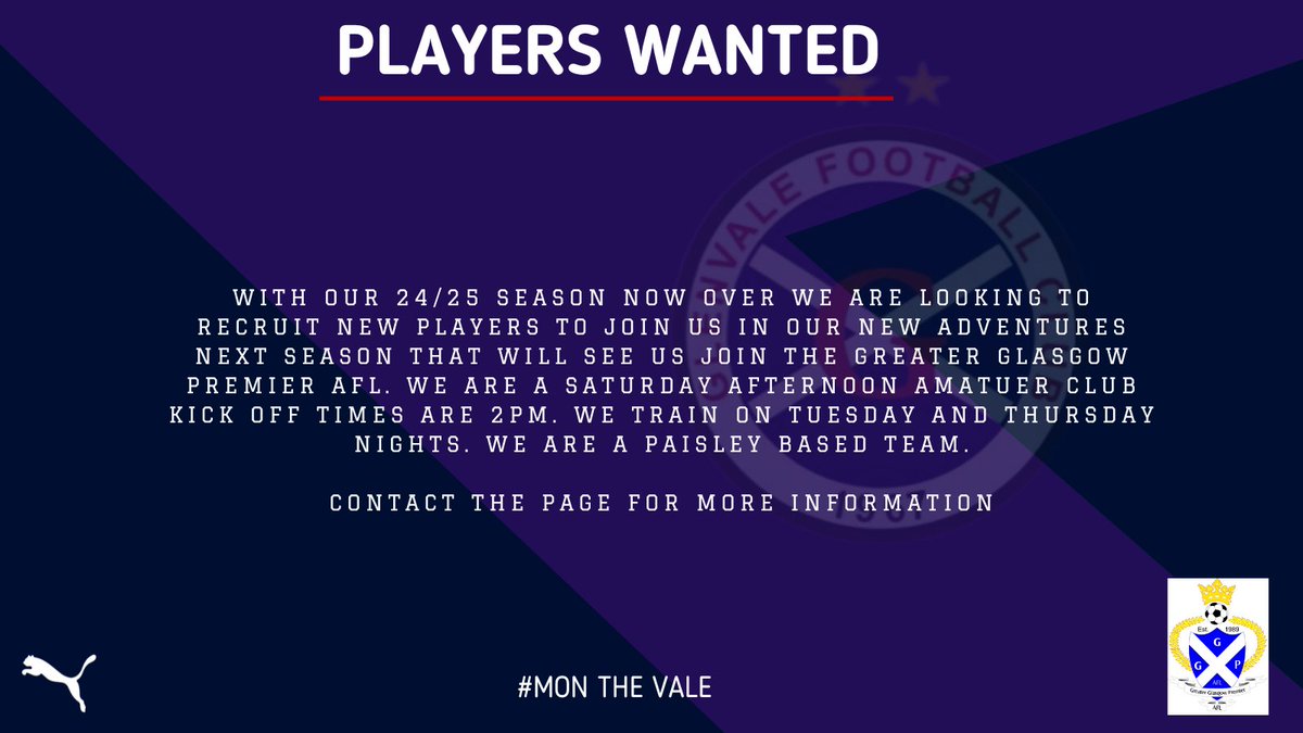 GlenvaleCarlton's tweet photo. Players wanted for season 25/26. 

We train on Tuesdays &amp; Thursdays in rhe paisley area. 7pm till 8 30pm.

Pm for more information. https://t.co/M5LXQUrm5A