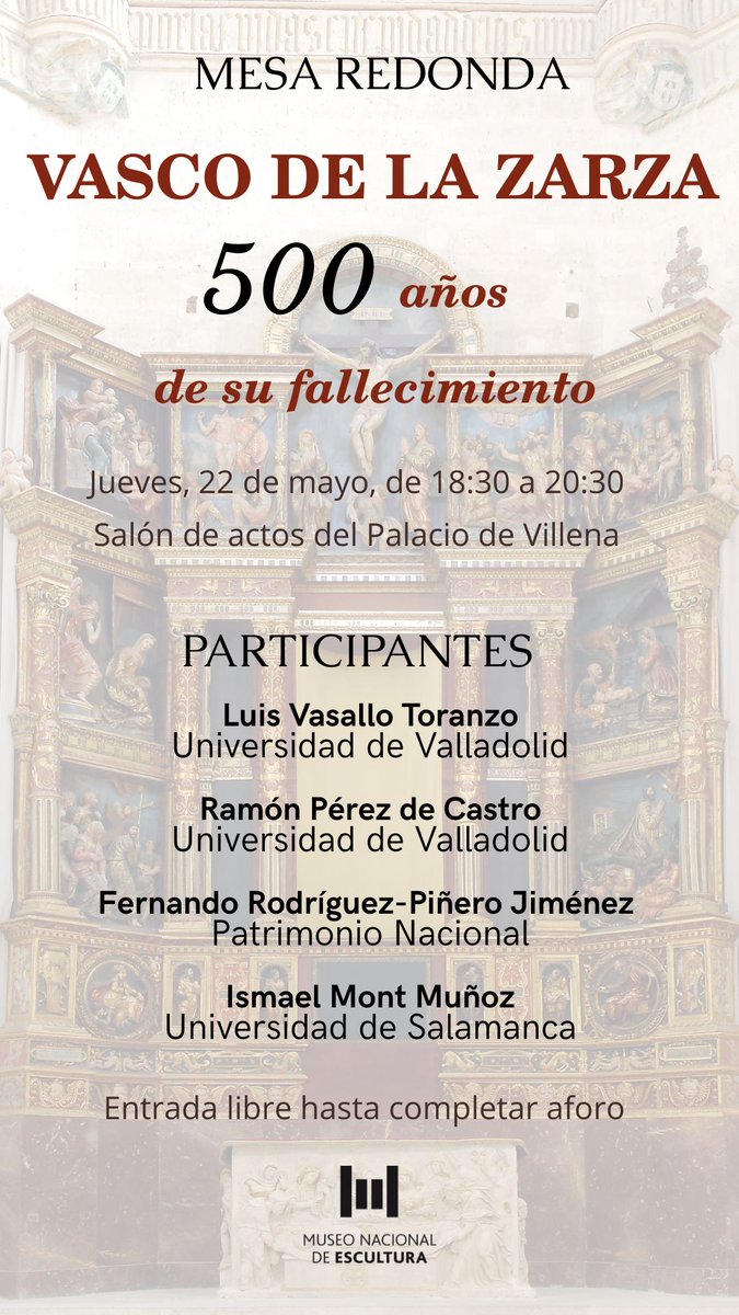 El próximo jueves, 22 de mayo, celebraremos una mesa redonda en nuestro salón de actos en la que varios especialistas tratarán la figura del magnífico escultor Vasco de la Zarza, representante del primer renacimiento español. ¡Os esperamos!