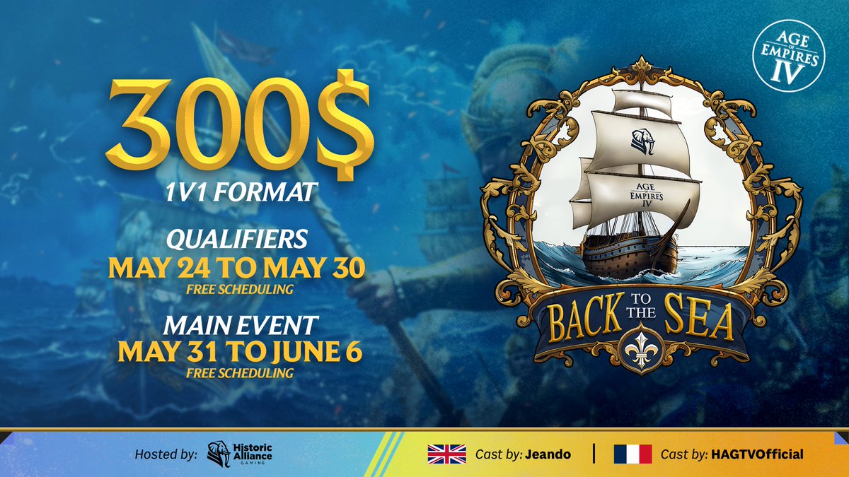 BACK TO THE SEA – AoE4 1v1 Tournament

- 2 Brackets: High &amp; Low ELO
- Top 8 signups auto-qualified for Main Event
- Free scheduling
🛑 Sign-ups close Friday, May 23 (evening)
📌 Info &amp; Sign up: start.gg/tournament/bac…

⚔️ Fight your way from land... back to the sea!