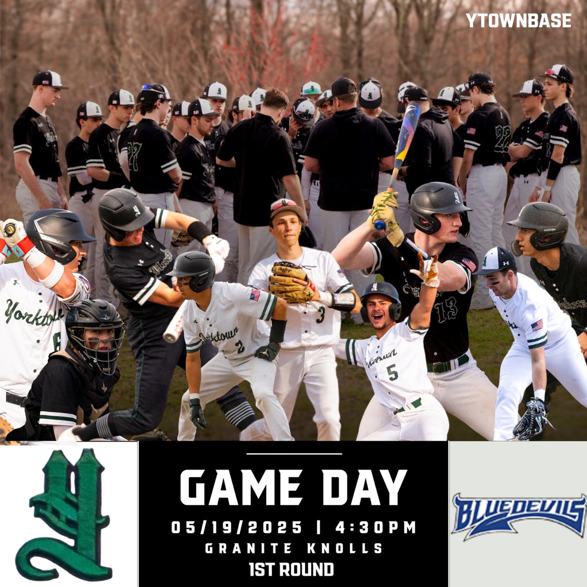 #1 seed Yorktown takes on Saunders today in the first round of the playoffs. 4:30 first pitch at Granite Knolls. <a href="/YCSD_Athletics/">Robert Barrett</a> <a href="/YHSDeGennaro/">Mr. Joseph DeGennaro</a>