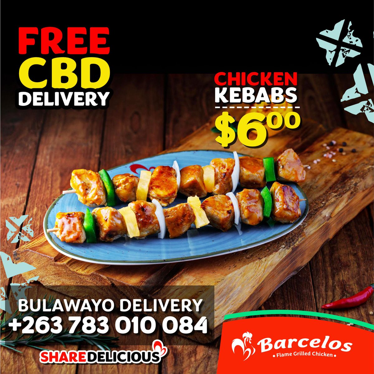 Barcelos is blazing through Bulawayo! FREE Delivery!
💬 Just whatsapp: +263 783 010 084
❤️‍🔥Hot meals, fast wheels 

#ShareDelicious
