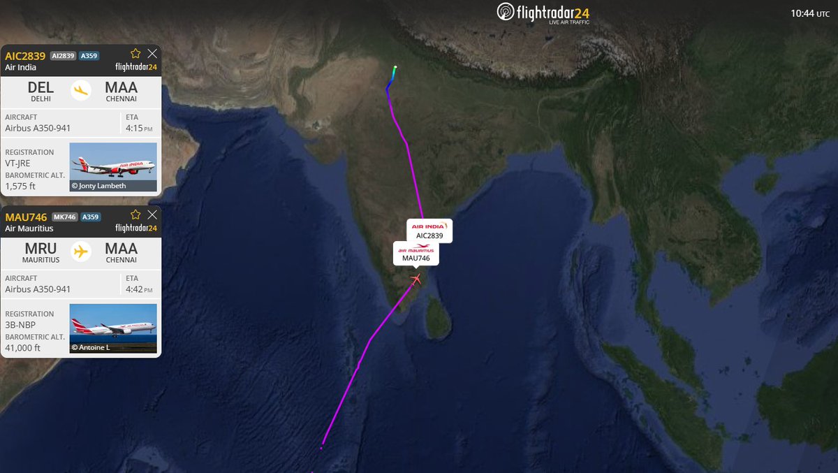 The Chennai Skies (@chennaiflights) on Twitter photo The red-tail A350-900s of Air India & Air Mauritius perfectly converge into #MAA ❤️
#Aviation #Chennai <a href="/flightradar24/">Flightradar24</a> The red-tail A350-900s of Air India & Air Mauritius perfectly converge into #MAA ❤️
#Aviation #Chennai <a href="/flightradar24/">Flightradar24</a>