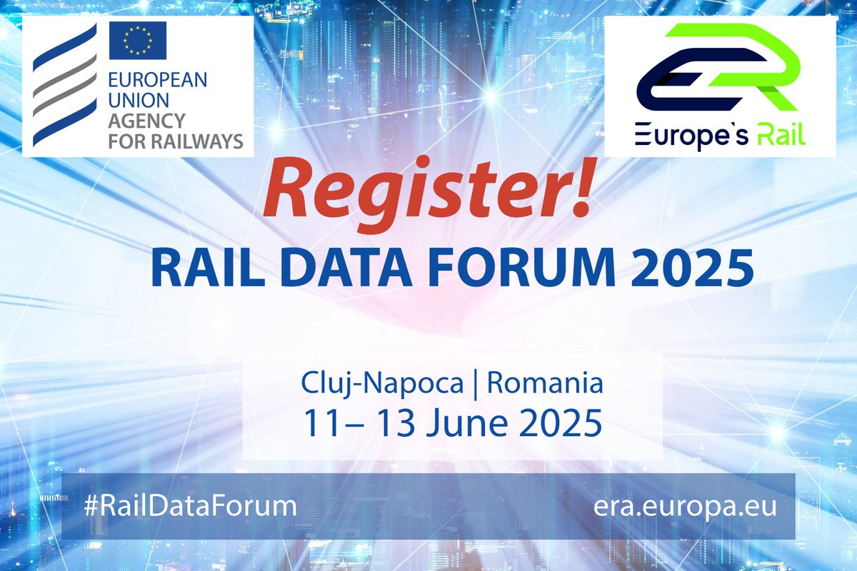 Europe's Rail JU (@eurail_ju) on Twitter photo 📢 On 11-13 June join #EU_Rail and <a href="/ERA_railways/">EU AgencyForRailways</a> in Cluj-Napoca for the 2025 #Rail Data Forum!
This event will be a change to:
✔️Dive deep into rail data
✔️Have a unique learning experience
✔️Network with experts
Register by June 2 at 23:59 (CET)
➡️bit.ly/4jS495D 📢 On 11-13 June join #EU_Rail and <a href="/ERA_railways/">EU AgencyForRailways</a> in Cluj-Napoca for the 2025 #Rail Data Forum!
This event will be a change to:
✔️Dive deep into rail data
✔️Have a unique learning experience
✔️Network with experts
Register by June 2 at 23:59 (CET)
➡️bit.ly/4jS495D
