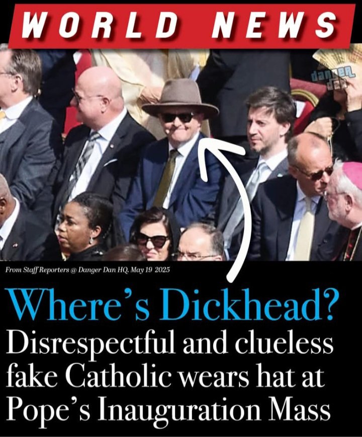 JimThom90458694's tweet photo. #Ididntvotelabor
The biggest imposter this country has ever had in the top job. I'm still trying to work out why anybody voted for this lying fraud of a PM!🤯🤡

What an embarrassment this knob is. He wears a hat at Mass. Everything about this idiot is fake or lies. #auspol #PopeLeoXIV #Australia #DangerDan Anthony Albanese