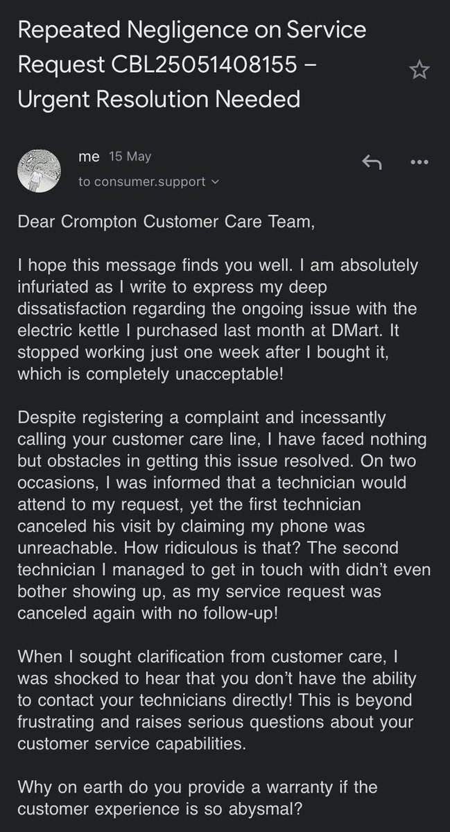 adhith_n's tweet image. @Crompton_Cares @CromptonOfficial @Crompton_India 
It’s been 1+ month since I raised an issue with a faulty kettle. 3 complaints, endless calls-no resolution.
Latest: CBL25051408155
Past: CBL25042702463, CBL25050303572
I demand quick resolution here. 

#Crompton #ConsumerRight