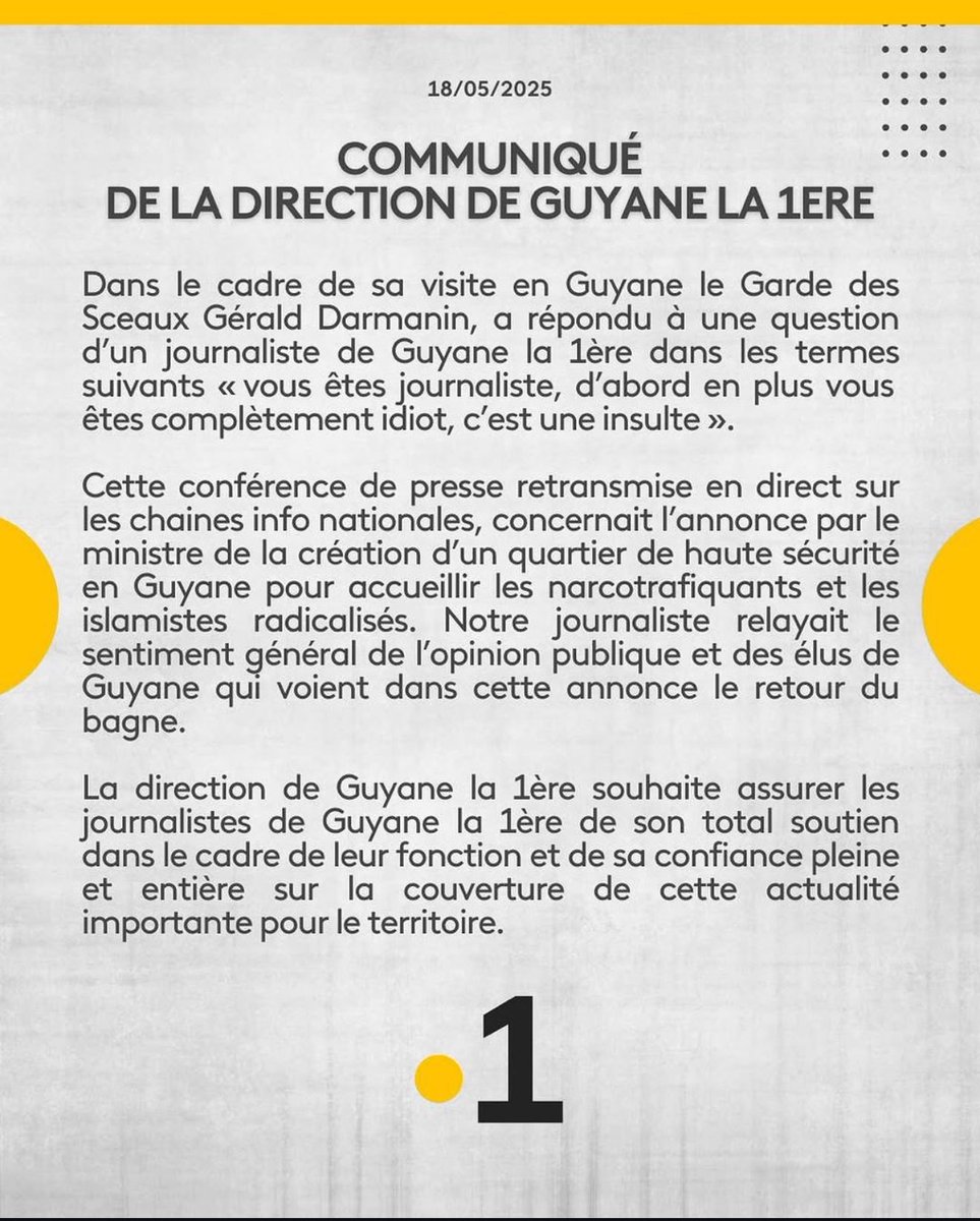 Après le 1er ministre qui insulte Mediapart, Gérald Darmanin a tenu des propos inadmissibles envers un reporter de Guyane la 1ère : “Vous êtes journaliste, d’abord, en plus vous êtes complètement idiot, c’est une insulte.” Halte au mépris, respectez la presse et les ultramarins !