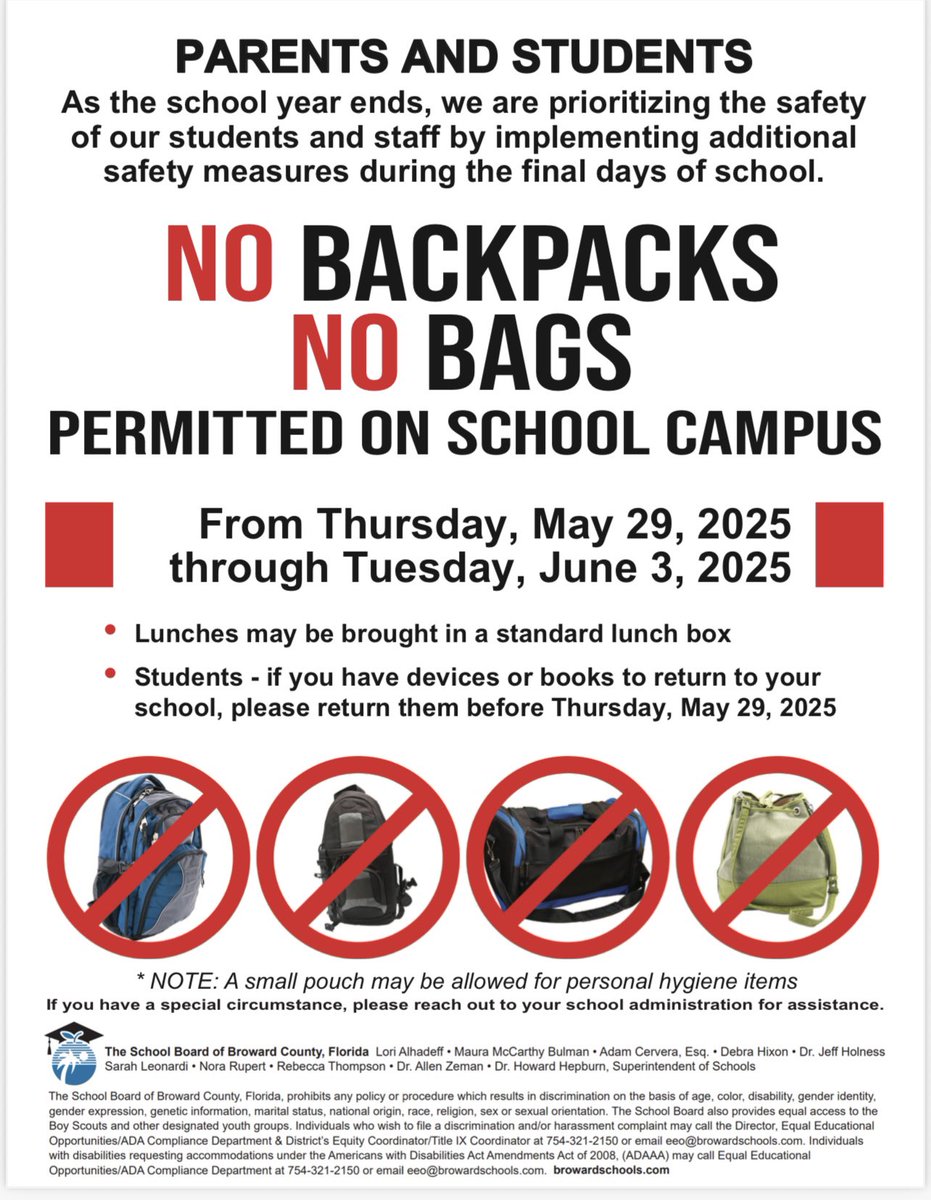 West Broward High (@westbrowardhigh) on Twitter photo PARENTS AND STUDENTS
As the school year ends, we are prioritizing the safety of our students and staff by implementing additional safety measures during the final days of school. <a href="/WBPrincipal/">Mrs. Bristol</a> <a href="/Mr_P_WB/">Mr. P</a> <a href="/DionneSterlingX/">Dionne Sterling, Ed.S.</a> PARENTS AND STUDENTS
As the school year ends, we are prioritizing the safety of our students and staff by implementing additional safety measures during the final days of school. <a href="/WBPrincipal/">Mrs. Bristol</a> <a href="/Mr_P_WB/">Mr. P</a> <a href="/DionneSterlingX/">Dionne Sterling, Ed.S.</a>