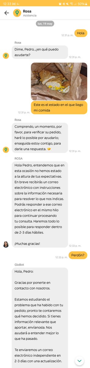 pedro_rodea's tweet photo. @Glovo_ES tras 3h de lucha por un pedido fallido, me bloqueáis la asistencia. Hoy llega esto (ver fotos) y me negáis ayuda. ¿Otra vez tengo que esperar días por un error vuestro? Servicio indigno. Exijo solución. #Glovo #AtenciónAlCliente https://t.co/XZ2GmWF3Nt