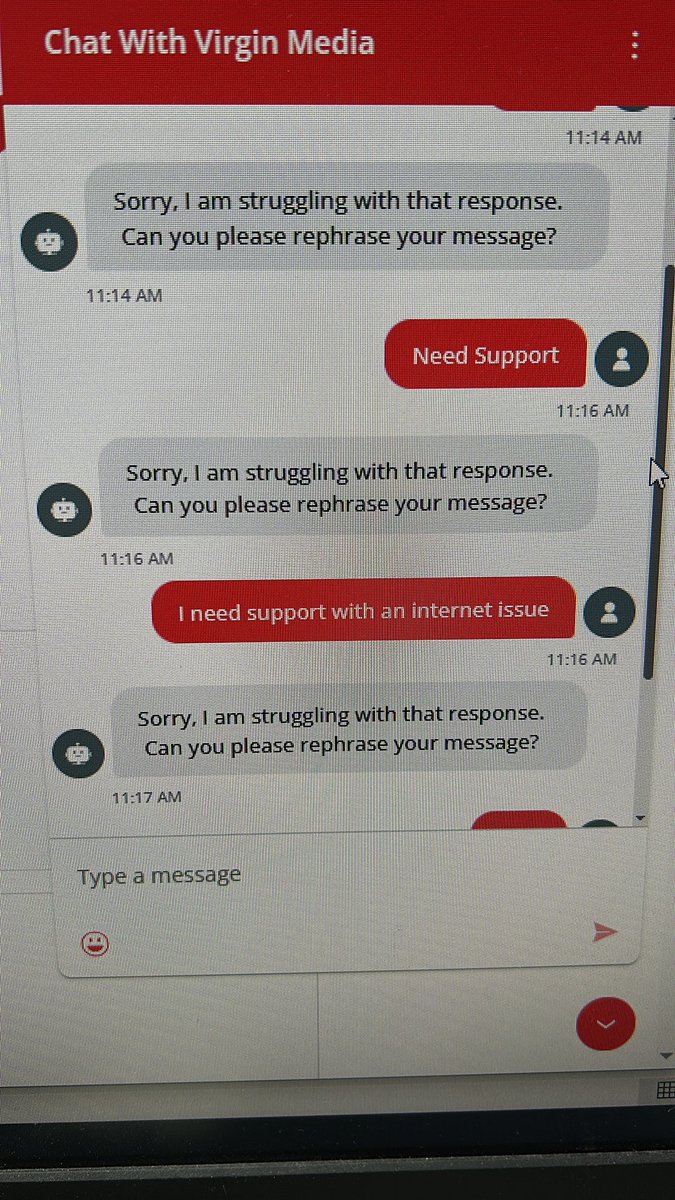 andy_phipps's tweet photo. @VirginMediaIE Hi Duarte, I’ve just DM’d you. Also, your chat bot is pretty useless. https://t.co/qDdbEGgXfq