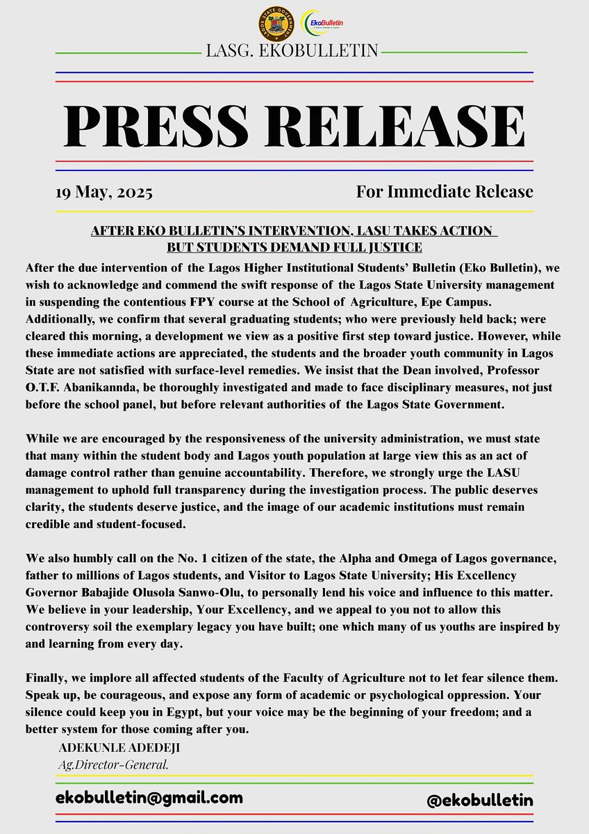 EkoBulletin's tweet photo. AFTER EKO BULLETIN'S INTERVENTION, LASU TAKES ACTION, BUT STUDENTS DEMAND FULL JUSTICE!!!

#LASUEPESTUDENTLIVESMATTERS 
@jidesanwoolu @Mr_JAGs @instablog9ja @kappozino @followlasg @LASUOfficial @NigEducation @SaharaReporters @ARISEtv @ruffydfire @yabaleftonline https://t.co/BnzVzFYi05