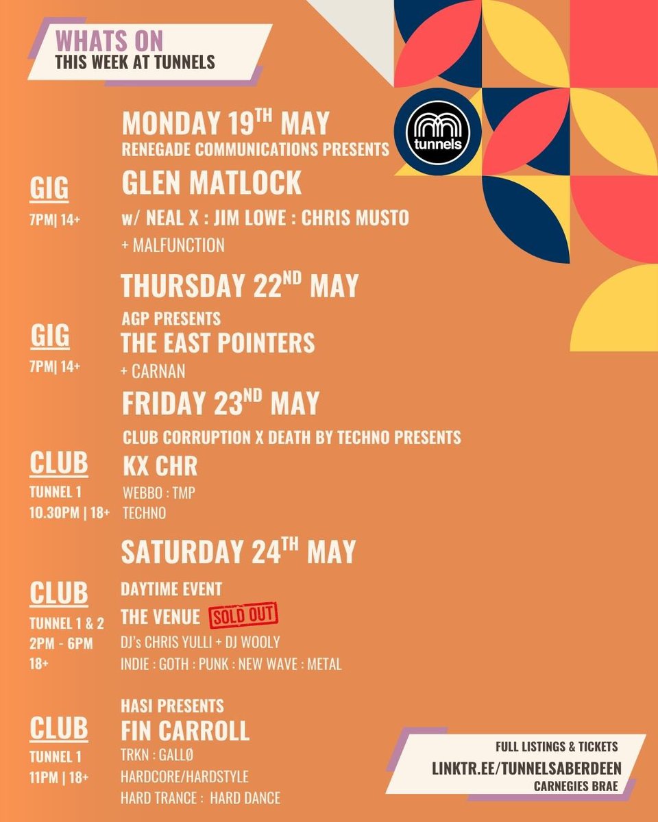 tunnelsaberdeen (@thetunnelsab) on Twitter photo This Week >
Upcoming Live Music
& Clubs ๐ฎ๐ ๐ง๐๐ป๐ป๐ฒ๐น๐
A Busy week ahead at Tunnels..
All starting tonight with Glen Matlock brought to you from ๐๐ฆ๐ฏ๐ฆ๐จ๐ข๐ฅ๐ฆ ๐๐ฐ๐ฎ๐ฎ๐ถ๐ฏ๐ช๐ค๐ข๐ต๐ช๐ฐ๐ฏ๐ด...
๐๐๐น๐น ๐๐ป๐ณ๐ผ & ๐๐ฑ๐๐ฎ๐ป๐ฐ๐ฒ ๐ง๐ถ๐ฐ๐ธ๐ฒ๐๐
๐๏ธlinktr.ee/tunnelsaberdeen This Week >
Upcoming Live Music
& Clubs ๐ฎ๐ ๐ง๐๐ป๐ป๐ฒ๐น๐
A Busy week ahead at Tunnels..
All starting tonight with Glen Matlock brought to you from ๐๐ฆ๐ฏ๐ฆ๐จ๐ข๐ฅ๐ฆ ๐๐ฐ๐ฎ๐ฎ๐ถ๐ฏ๐ช๐ค๐ข๐ต๐ช๐ฐ๐ฏ๐ด...
๐๐๐น๐น ๐๐ป๐ณ๐ผ & ๐๐ฑ๐๐ฎ๐ป๐ฐ๐ฒ ๐ง๐ถ๐ฐ๐ธ๐ฒ๐๐
๐๏ธlinktr.ee/tunnelsaberdeen