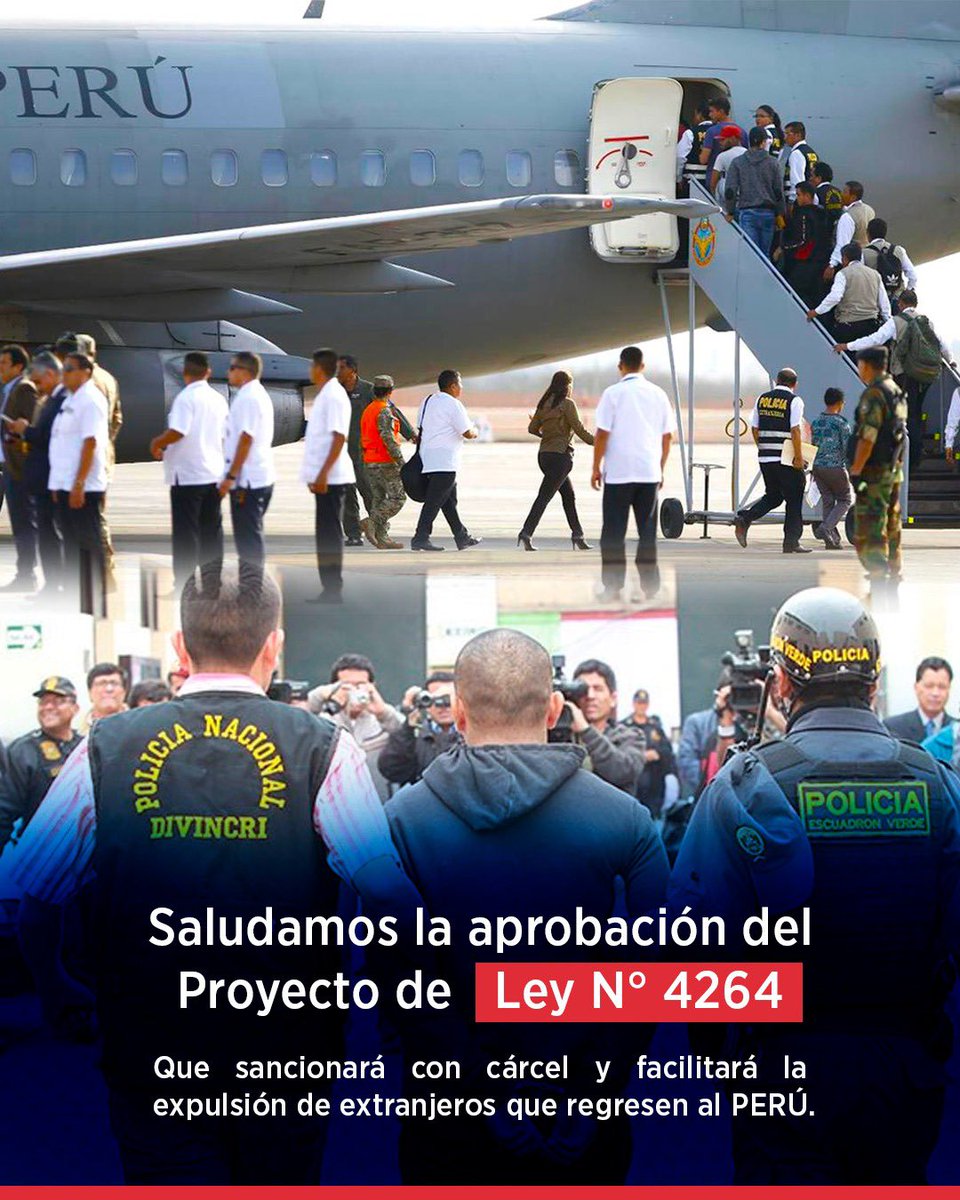 Celebro la aprobación del proyecto de ley 4264 ✅, impulsado por nuestra bancada APP 💙, que sanciona con cárcel 👮🏻‍♂️ y facilita la expulsión de extranjeros que delinquen y regresan al país 🚫. En el Congreso seguimos firmes 💪🏽 en la lucha contra la inseguridad que golpea al Perú