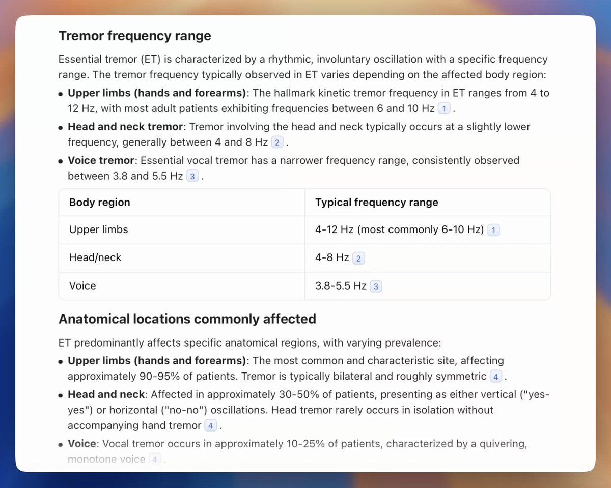 #AskPathway — What are the typical tremor frequency range, distribution, and other distinguishing characteristics in essential tremor?

pathway.md/ai/history/a90…